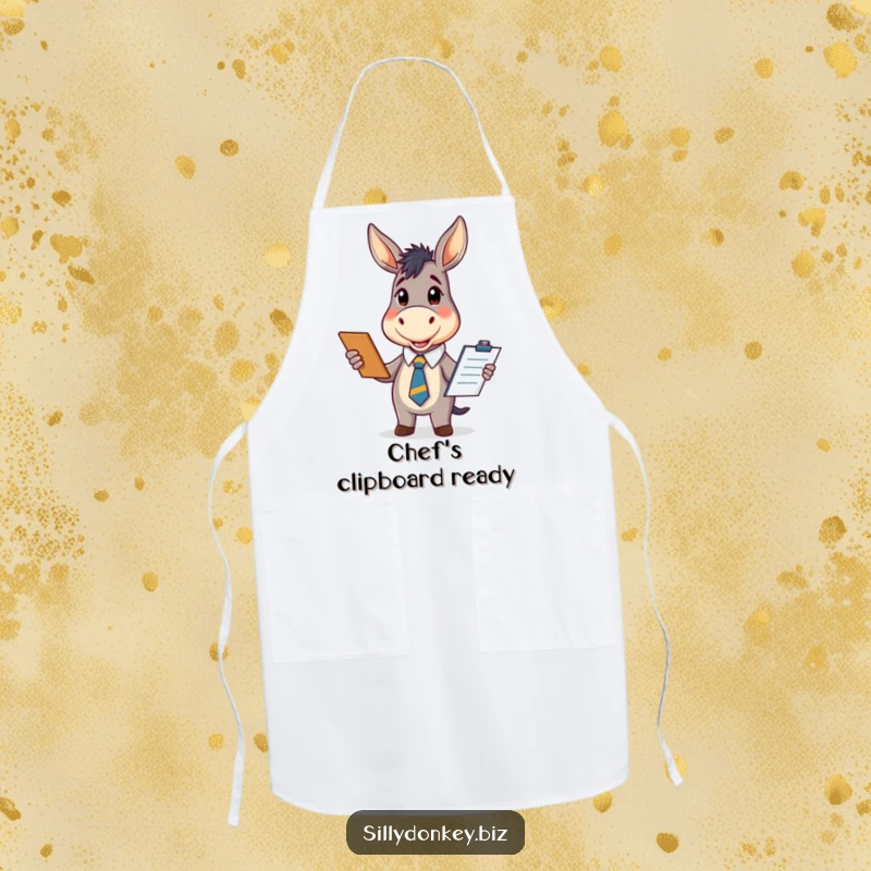 Funny kitchen apron featuring a kawaii donkey in an office tie, enthusiastically holding a clipboard, perfect for a cheerful and funny cooking experience.