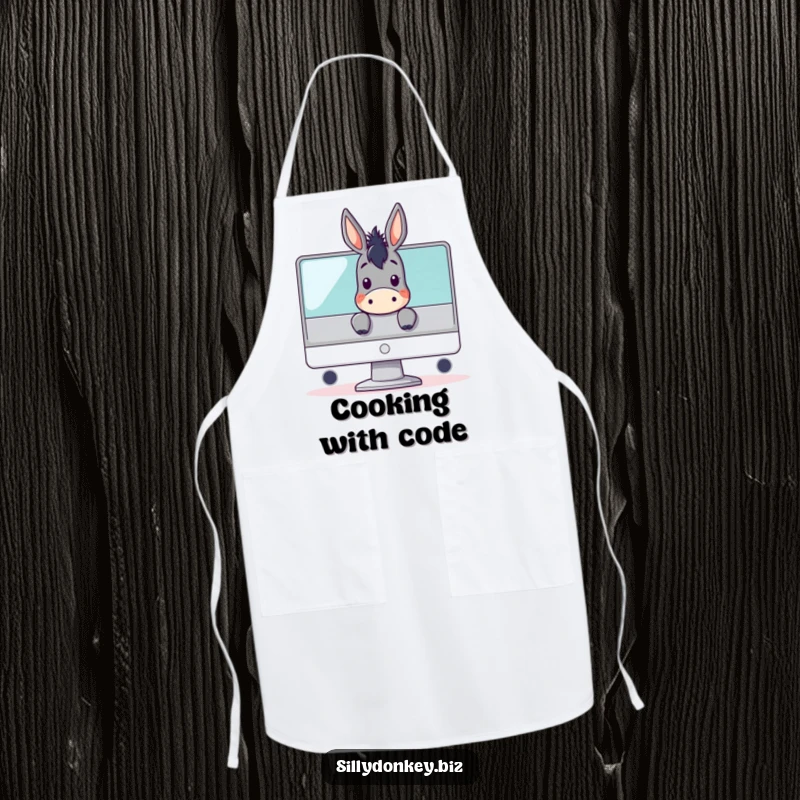Funny apron showcasing a kawaii donkey character peeking over a computer monitor, ideal for kitchen or workspace use with tech humor.