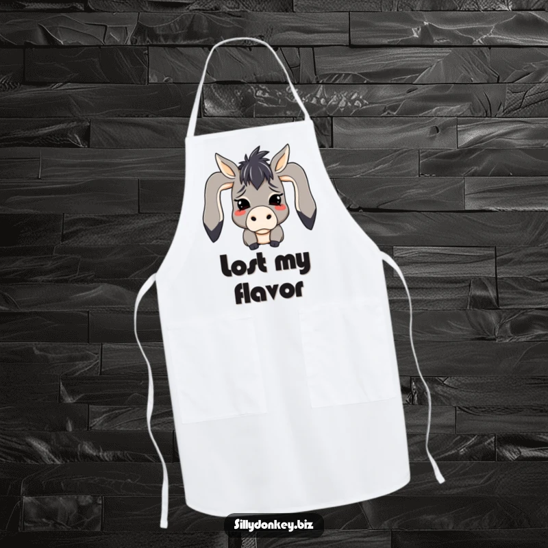 Funny apron featuring a kawaii donkey character with ears flopped in mock despair, adding a humorous touch to kitchen tasks.