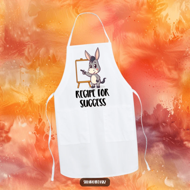Funny apron showcasing a kawaii donkey character pointing energetically at a whiteboard, ideal for kitchen tasks and humorous presentations.