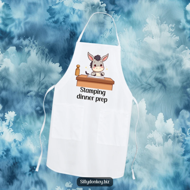 Funny apron with a kawaii donkey enthusiastically stamping papers with its hoof, ideal for kitchen productivity.
