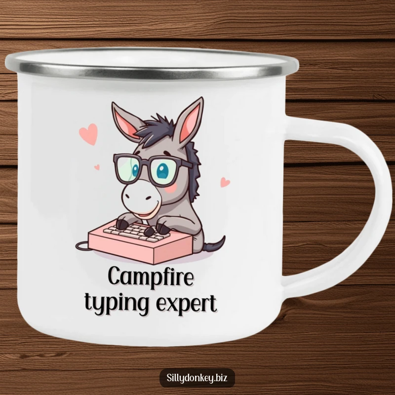 Funny enamel camping mug featuring a donkey with glasses typing rapidly on a small keyboard, for outdoor lovers.
