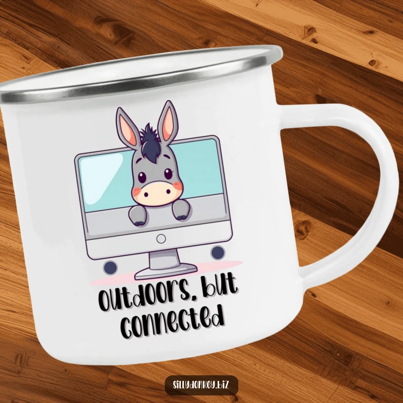 Funny camping mug with a kawaii donkey character peeking over a computer monitor, ideal for outdoor enjoyment and tech-themed humor.