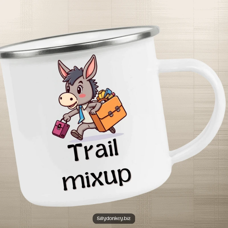 Funny camping mug showing a kawaii donkey character rushing with an overflowing briefcase, ready for any adventure with a humorous spirit.
