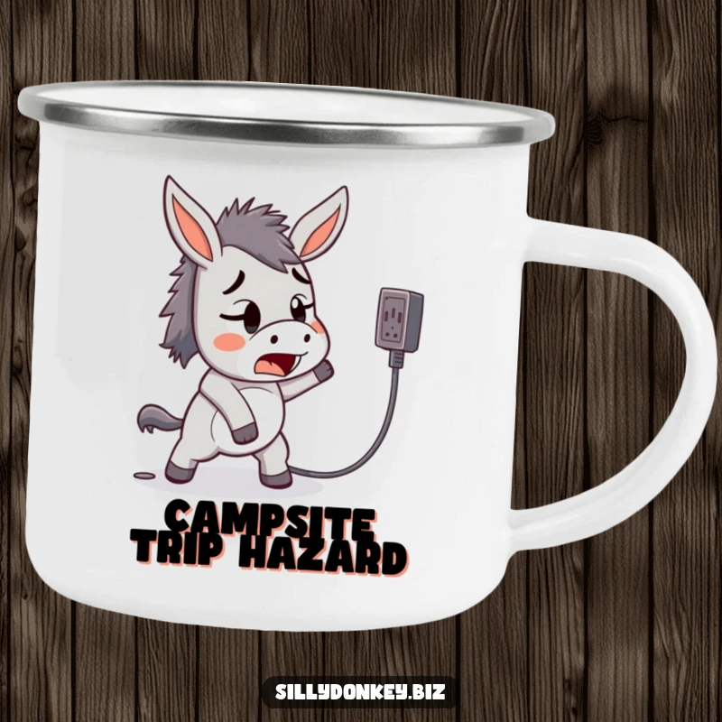 Funny enamel camping mug featuring a startled kawaii donkey tripping over a power cord, for outdoor mishaps.