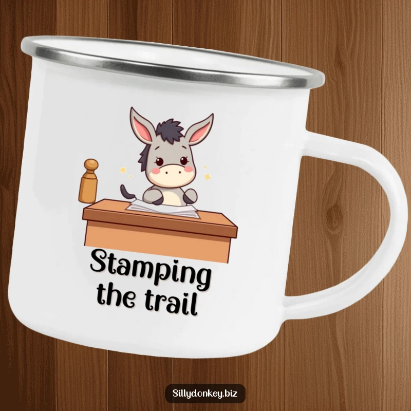 Funny enamel camping mug featuring a kawaii donkey enthusiastically stamping papers with its hoof, for outdoor productivity.