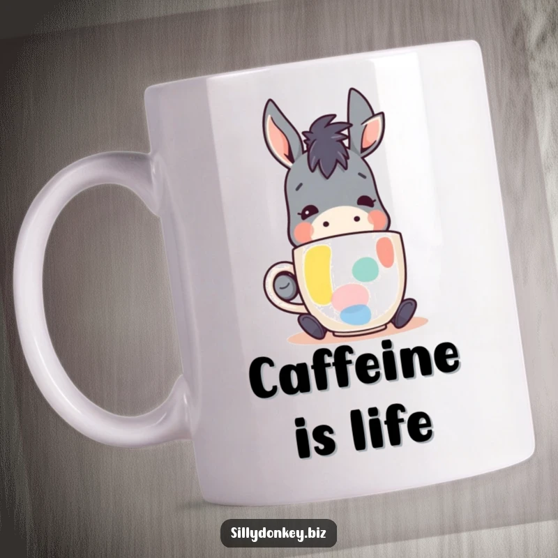 Funny mug showcasing a kawaii donkey character blissfully sipping from an abstract coffee mug, embodying coffee happiness and relaxation.