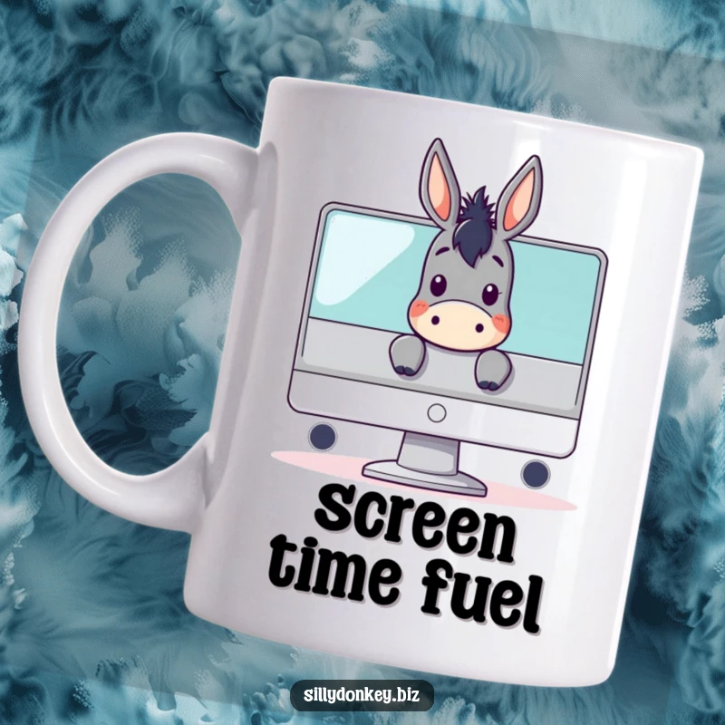 Funny mug with a kawaii donkey character peeking curiously over a large computer monitor, embodying gaming, tech, and humorous observation.