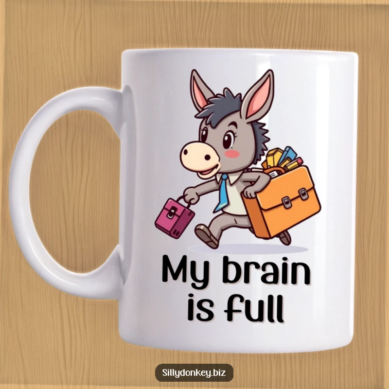 Funny mug featuring a cute kawaii donkey character sprinting comically with an overstuffed briefcase, papers flying everywhere, embodying work chaos.