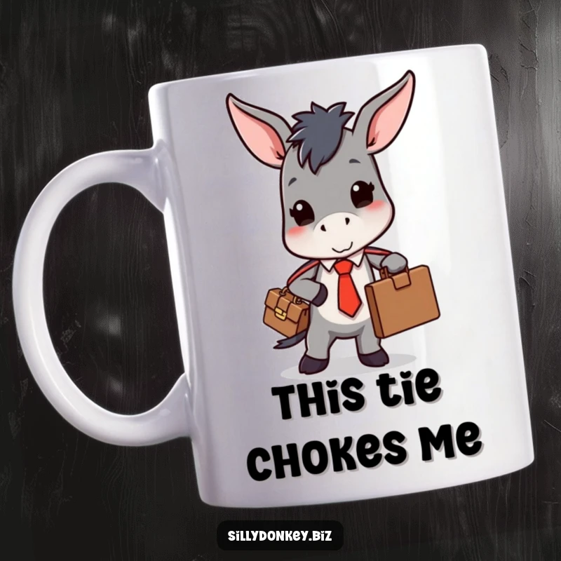 Funny mug featuring a kawaii donkey in a tie, struggling with an overflowing briefcase, embodying office stress humor.