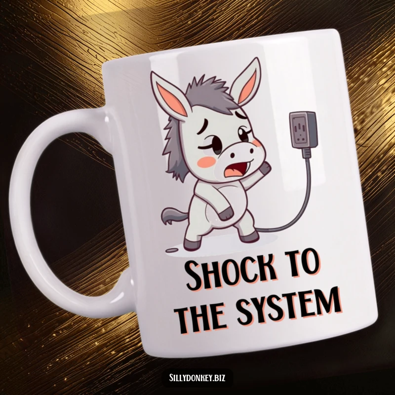 Funny mug featuring a startled kawaii donkey tripping over a power cord, symbolizing unexpected mishaps.