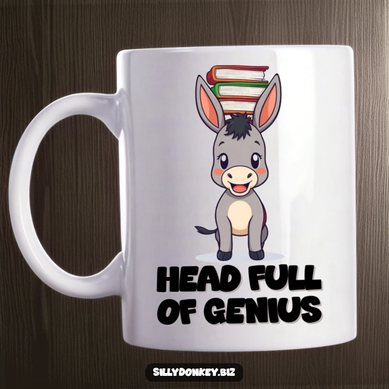 Funny donkey looking pleased while balancing a precarious stack of files on its head, a humorous office gift.