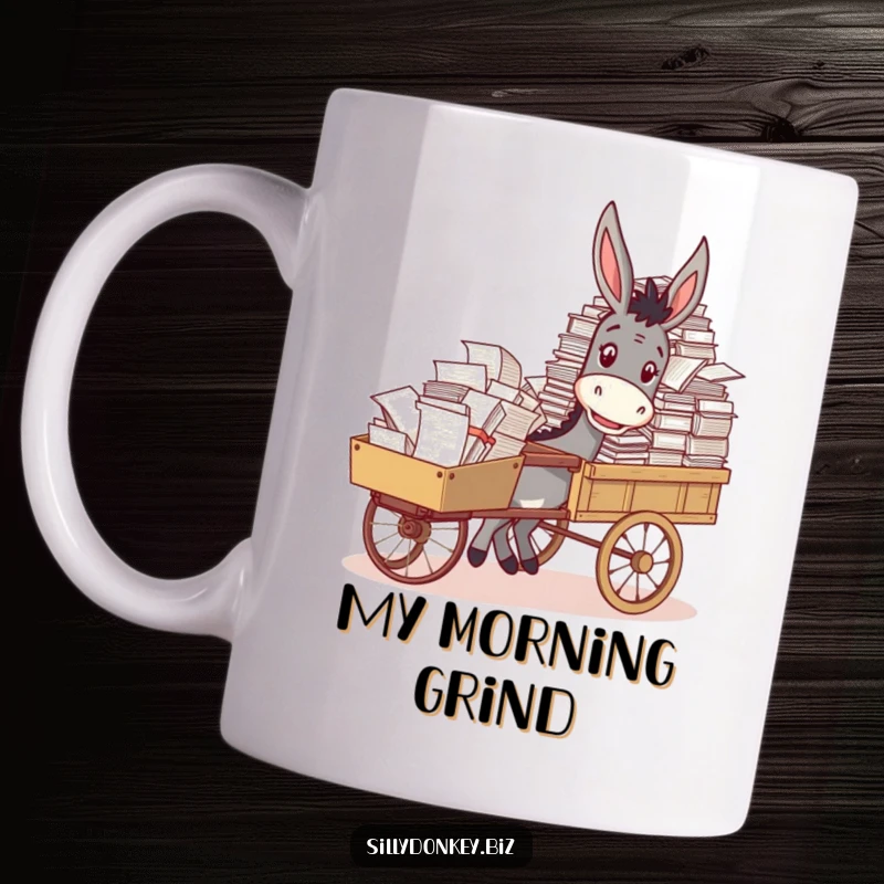 Funny donkey smiling while diligently pushing a cart overflowing with paperwork, a humorous office gift.