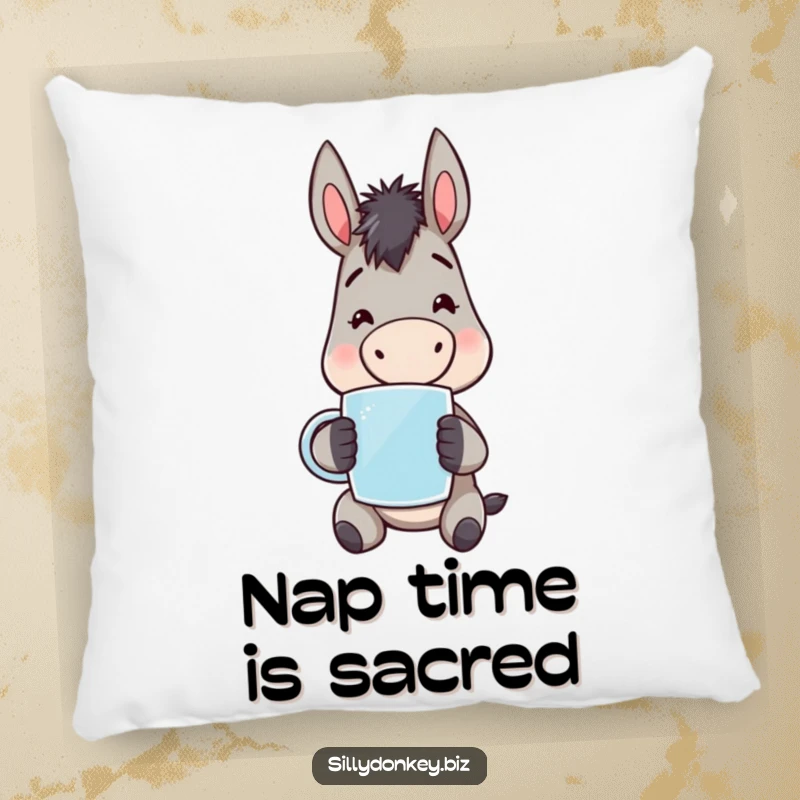 Funny kawaii donkey character, mug in paw, looking weary but cheerful, soft and plush pillow. Comforting and humorous home decor.