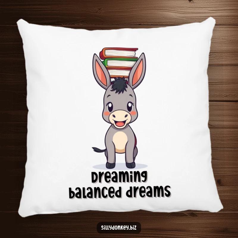 Funny decorative pillow with a pleased donkey balancing a tall stack of files on its head, perfect for sofas.