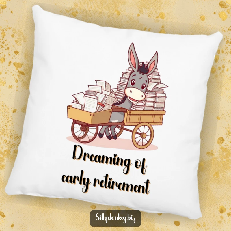 Funny decorative pillow showing a smiling donkey pushing a cart overloaded with paperwork, adding humor to any room.