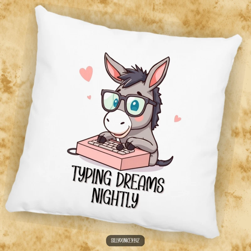 Funny decorative pillow with a donkey wearing spectacles typing vigorously on a miniature keyboard, adding humor to any room.