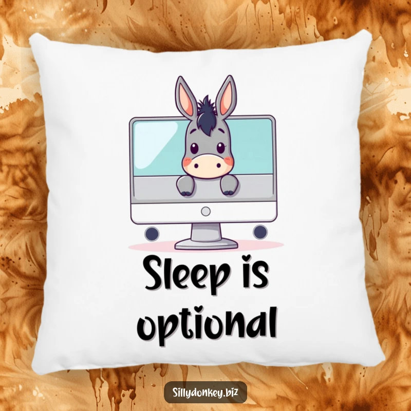 Funny pillow with a kawaii donkey character peeking over a computer monitor, designed for comfort and tech-themed humor.
