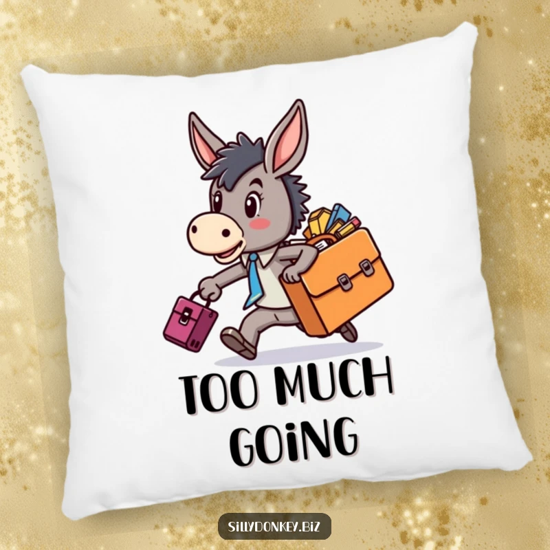 Funny pillow with a kawaii donkey character looking stressed while rushing with a bursting briefcase, offering comfort and humor.