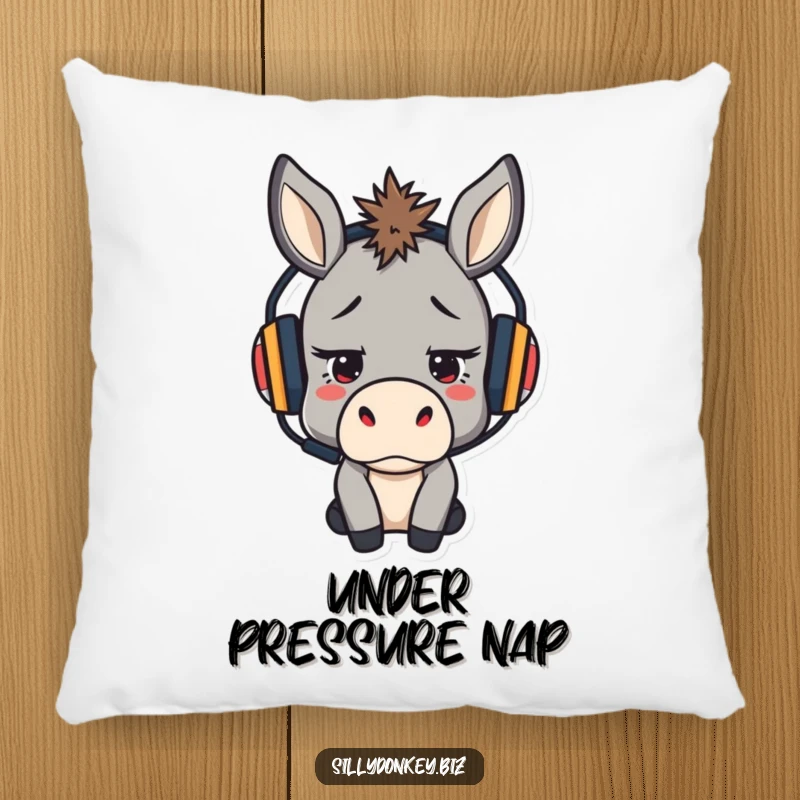 Funny pillow featuring a stressed but determined kawaii donkey wearing a headset, offering humorous and focused comfort.