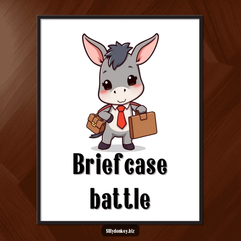 Funny digital art print of a kawaii donkey in a tie, burdened by a bulging briefcase, symbolizing office struggle.