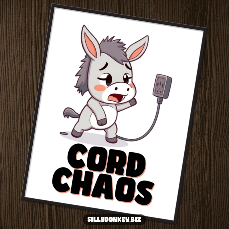 Funny, downloadable digital art print of a startled kawaii donkey tripping over a power cord, symbolizing comical accidents.