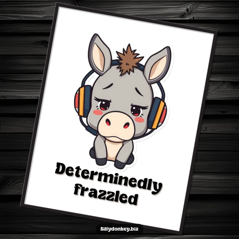 Funny, downloadable digital art print of a stressed but determined kawaii donkey wearing a headset, symbolizing focus.