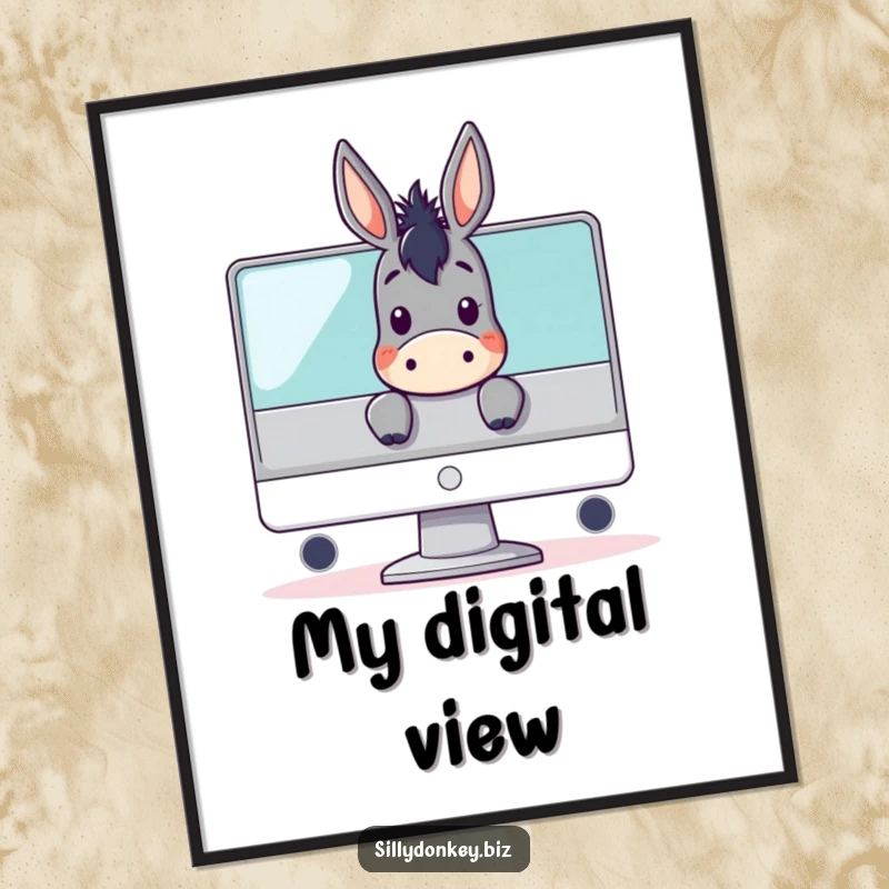 Funny digital art print of a kawaii donkey character peeking over a computer monitor, ideal for gaming and tech-themed decor.