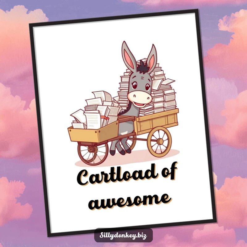 Funny digital art print of a cheerful donkey pushing a cart overflowing with documents, for instant wall decor.