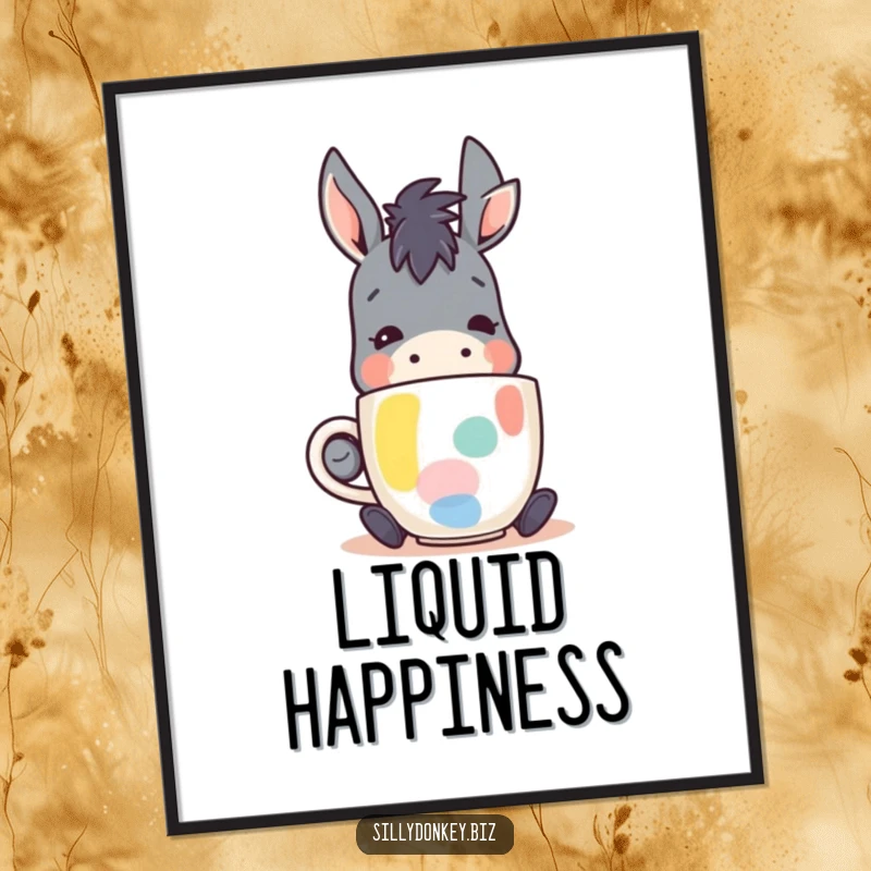 Funny digital art print of a kawaii donkey character happily sipping coffee from an abstract mug, ideal for coffee-themed decor and humor.