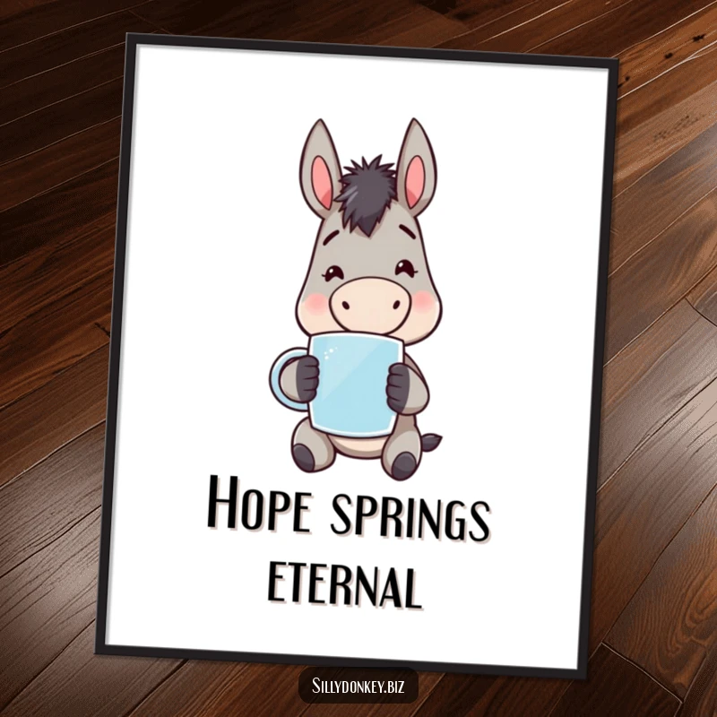 Funny kawaii donkey character holding a mug, weary but cheerful, as a high-resolution digital art print. Instant humorous decor.