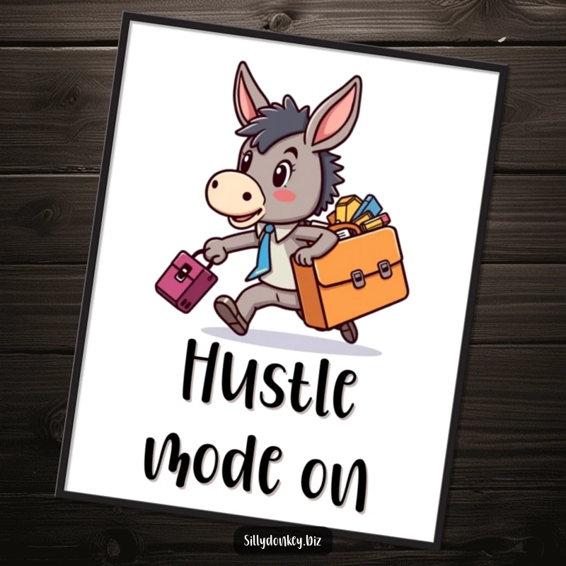 Funny digital art print of a kawaii donkey character in a frantic rush with an overflowing briefcase, ideal for digital decor and humor.