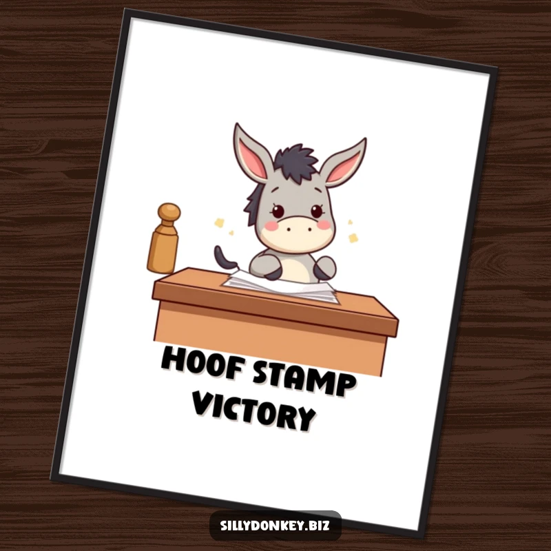 Funny, downloadable digital art print of a kawaii donkey happily stamping papers with its hoof, symbolizing productivity.