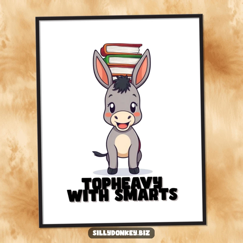 Funny digital art print of a pleased donkey balancing a precarious stack of files on its head, for instant decor.
