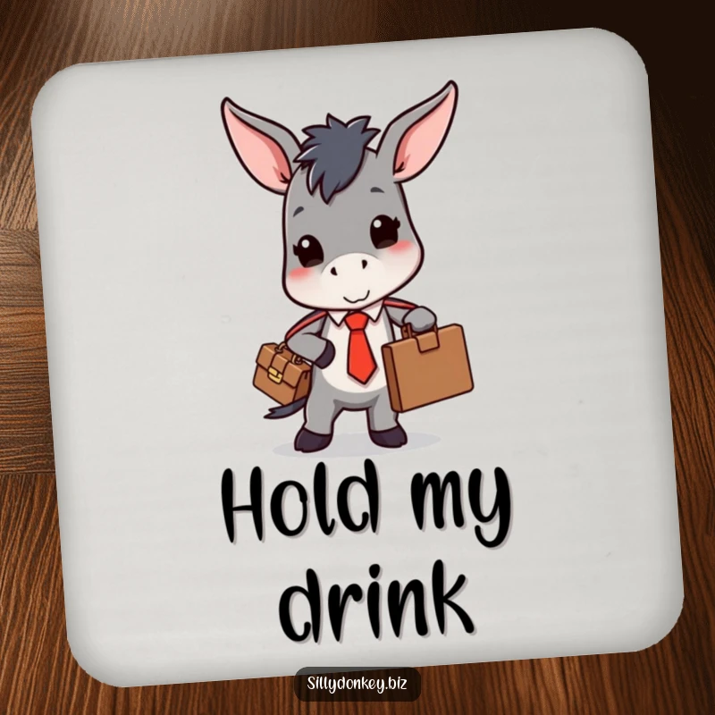 Funny drink coaster with a kawaii donkey in a tie, struggling with a bulging briefcase, protecting tables.