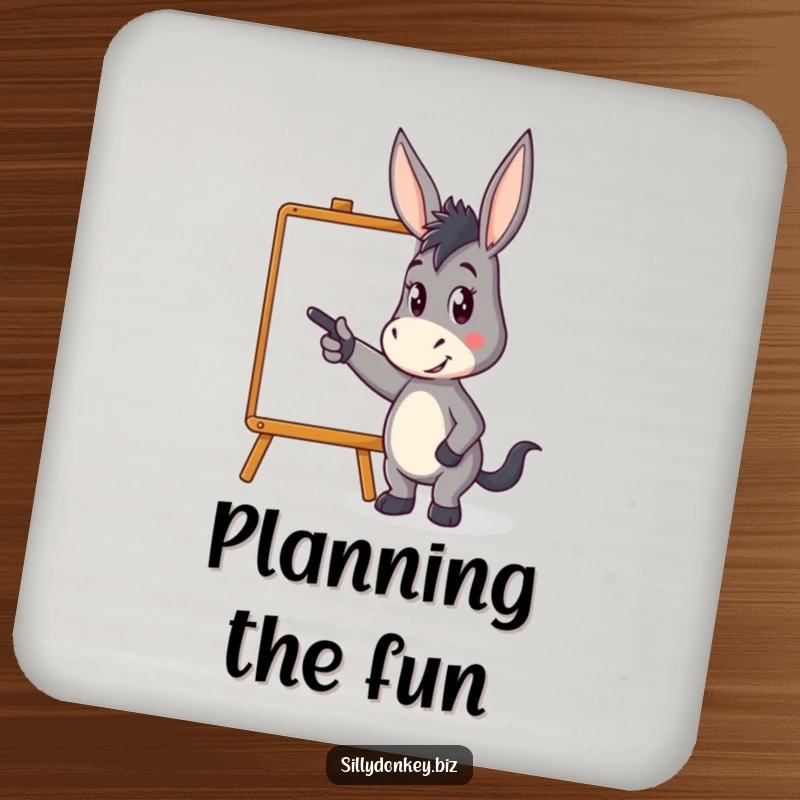 Funny drink coaster with a kawaii donkey character pointing energetically at a whiteboard, great for surface protection and presentation humor.