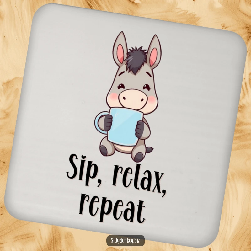 Funny kawaii donkey character holding a mug, looking weary but cheerful, designed as a protective drink coaster. Cute and humorous accessory.