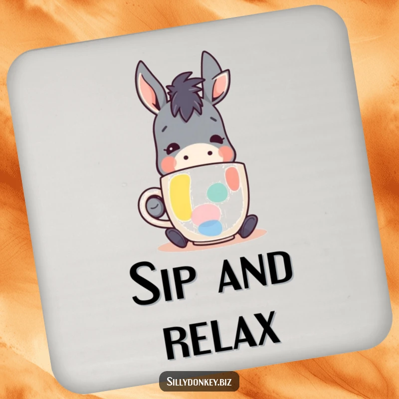 Funny drink coaster with a kawaii donkey character happily sipping coffee from an abstract mug, great for surface protection and coffee humor.