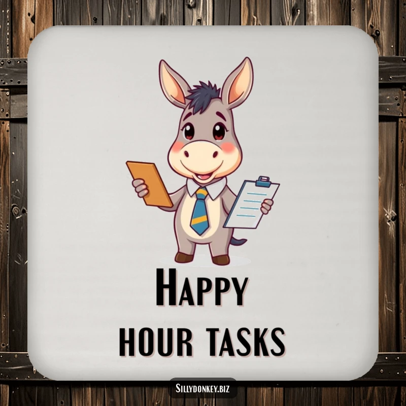 Funny coasters featuring a kawaii donkey in an office tie, enthusiastically holding a clipboard, combining protection with a cheerful and funny theme.