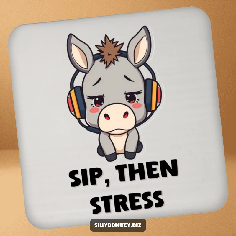 Funny drink coaster with a stressed but determined kawaii donkey wearing a headset, protecting surfaces.