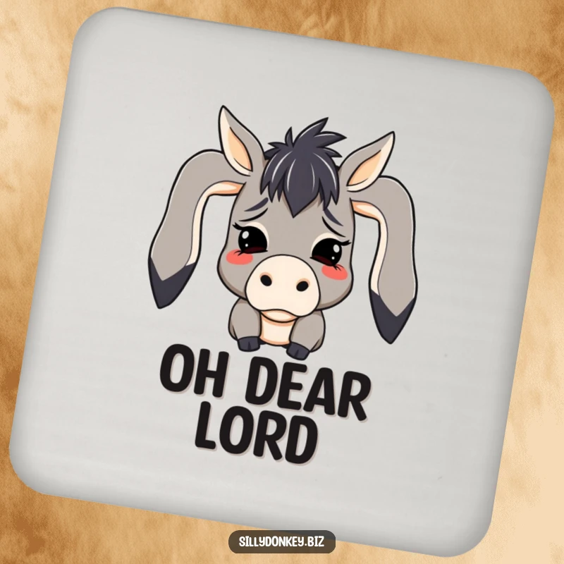 Funny drink coaster with a kawaii donkey character expressing mock despair with flopped ears, great for surface protection and humor.