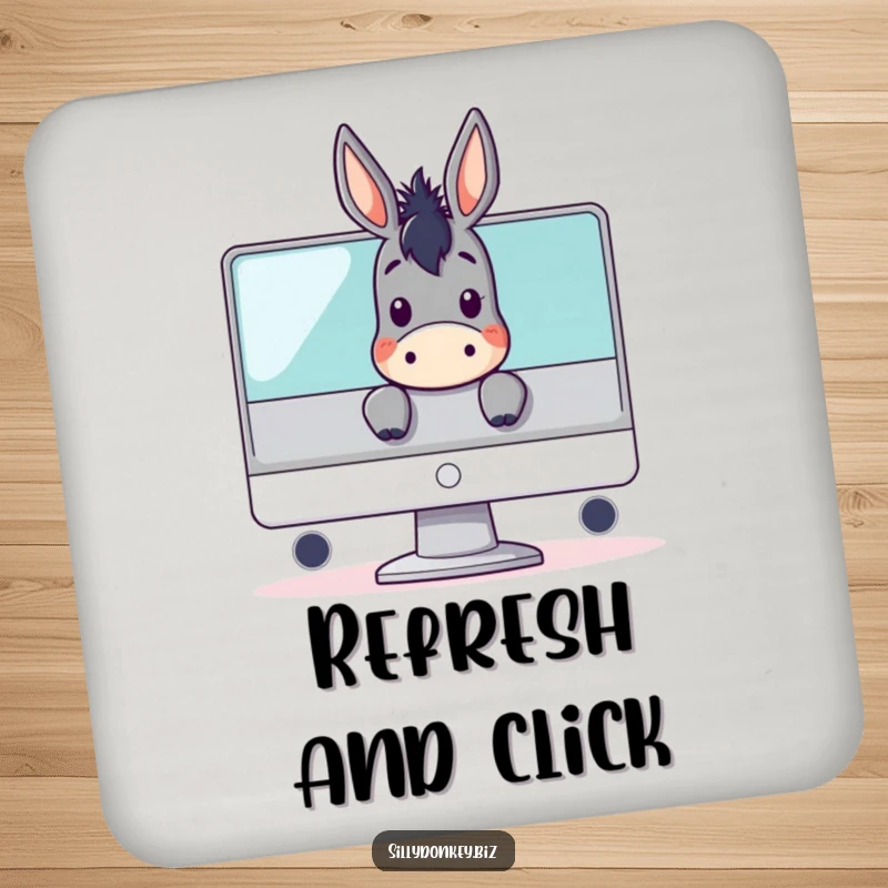 Funny drink coaster with a kawaii donkey character peeking over a computer monitor, great for surface protection and tech-themed humor.