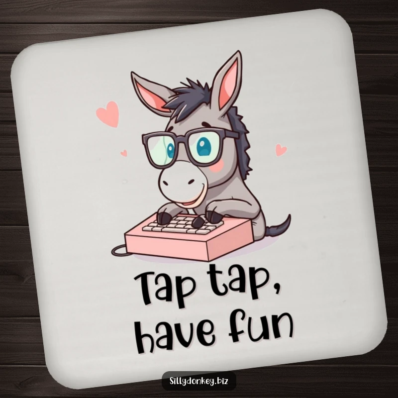 Funny drink coaster featuring a donkey wearing spectacles, typing very fast on a miniature keyboard, for tabletops.