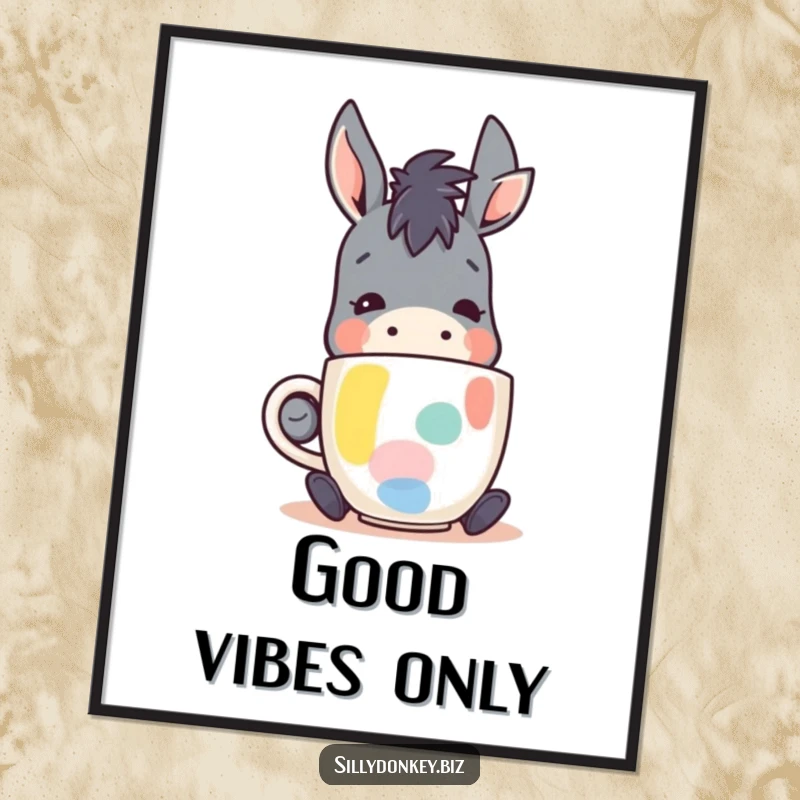 Funny poster featuring a kawaii donkey character happily sipping from an abstract coffee mug, perfect for coffee-themed decor and humor.