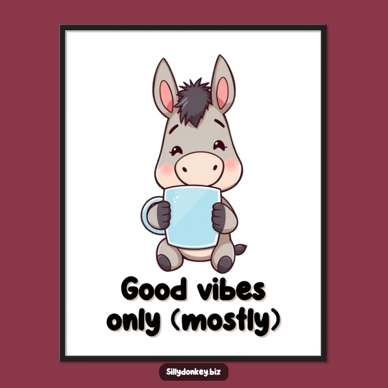 Funny Kawaii Donkey Poster: Weary Cheerful Donkey Art Print, Charming Funny Gift Decor