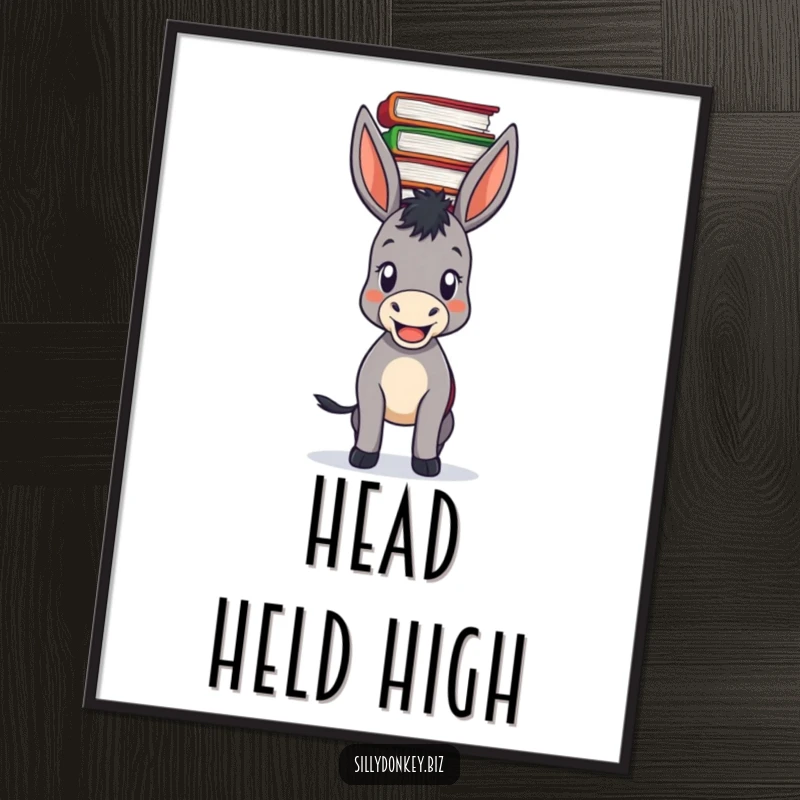 Funny motivational poster of a donkey smiling while balancing a tall, unstable stack of files on its head.