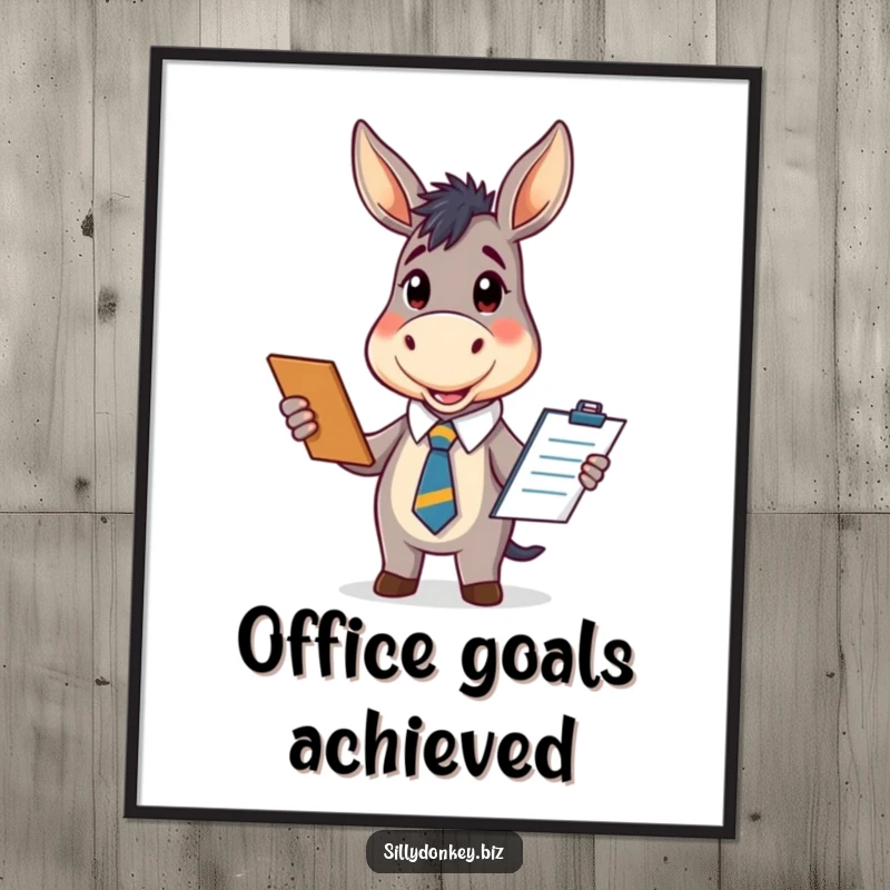 Funny poster of a kawaii donkey wearing an office tie and holding a clipboard, looking enthusiastic, perfect for funny office decor.
