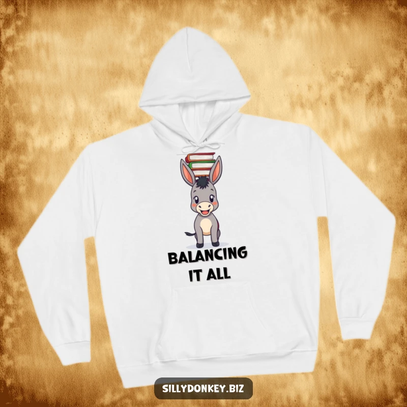 Funny warm hoodie featuring a pleased donkey balancing a precarious stack of files on its head, emphasizing 'keeping it together'.