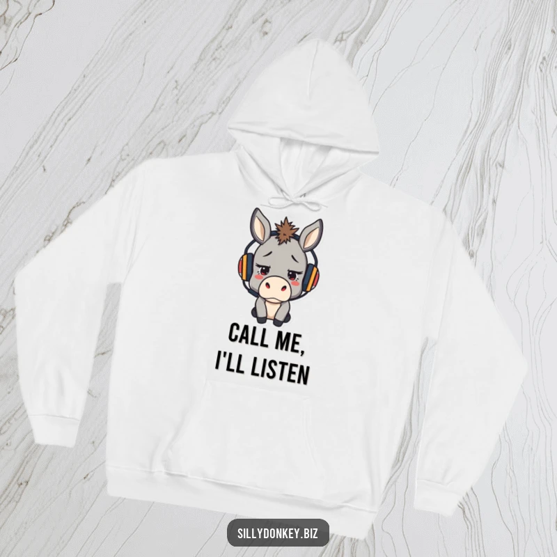Funny, cozy hoodie featuring a stressed but determined kawaii donkey wearing a headset, symbolizing focus and resilience.