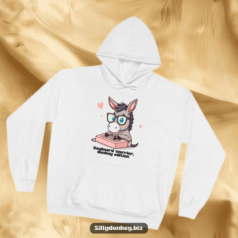 Funny warm hoodie with a donkey wearing glasses, typing furiously on a small keyboard, symbolizing busy work.